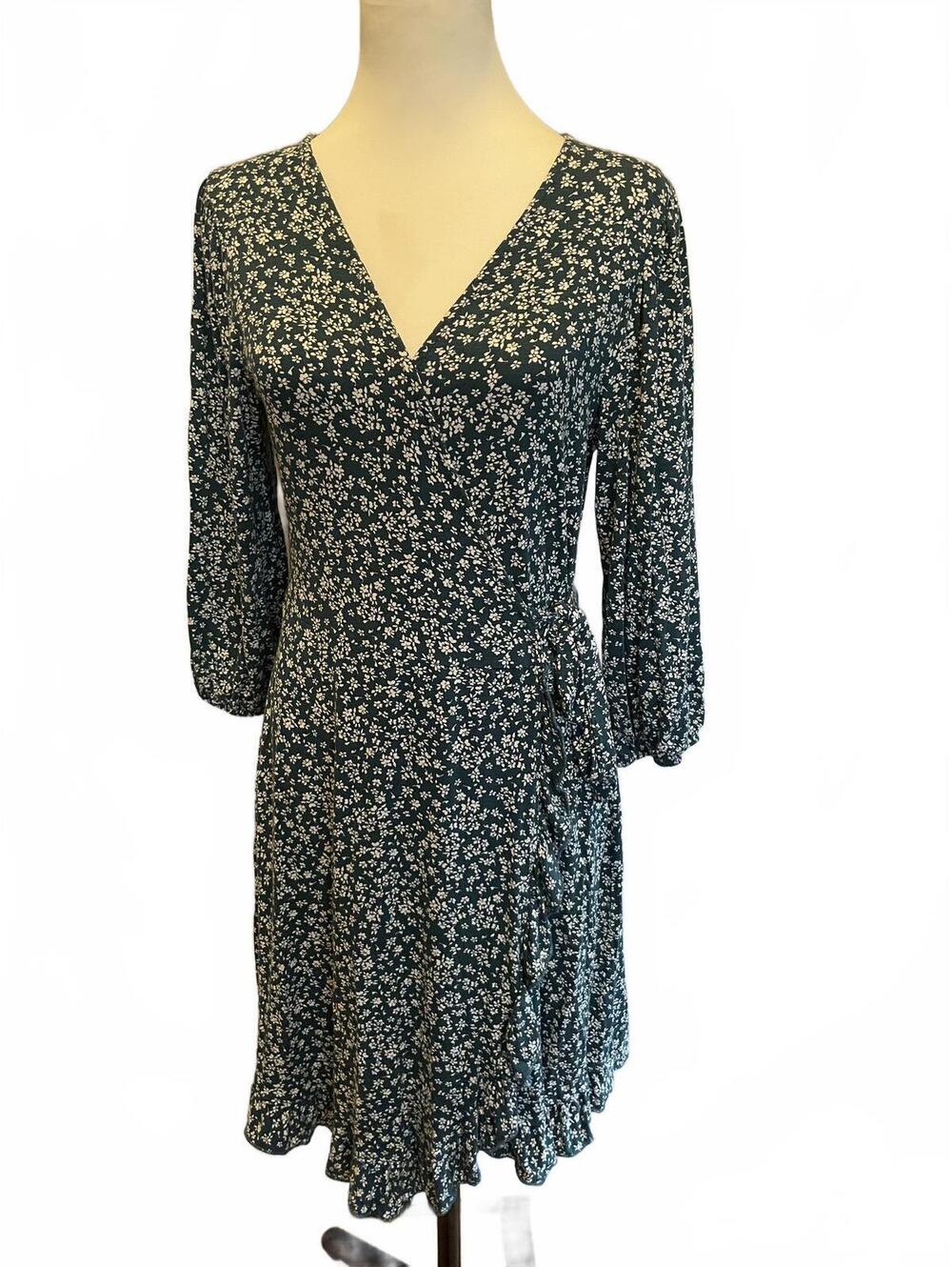 Green Ditsy Floral Wrap Mini Dress M/L Forest Fairy Dark Cottagecore Romantic